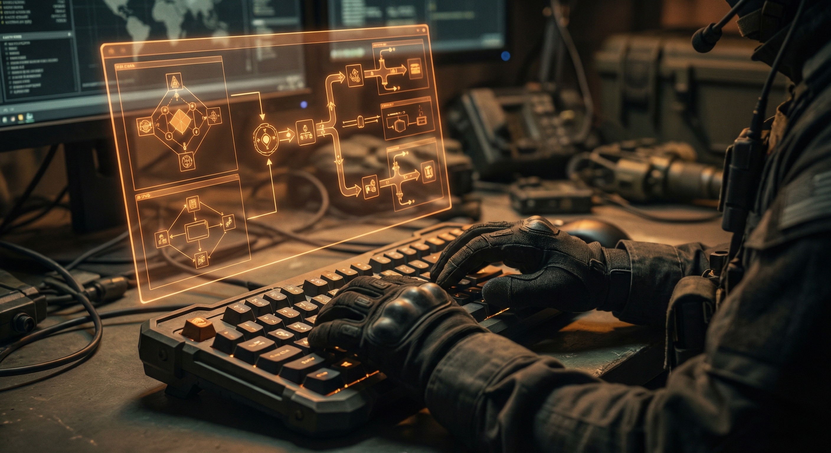 Hands on tactical keyboard with HUD overlay